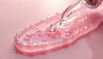 Pink cosmetic serum with bubbles drips from glass pipette onto smooth surface. Transparent gel fluid with tiny air bubbles, skincare product macro view. Beauty, liquid texture.