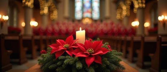 Festive poinsettia and candle arrangement on a church altar. Christmas Eve service with a choir in the background. Holiday worship and spiritual celebration