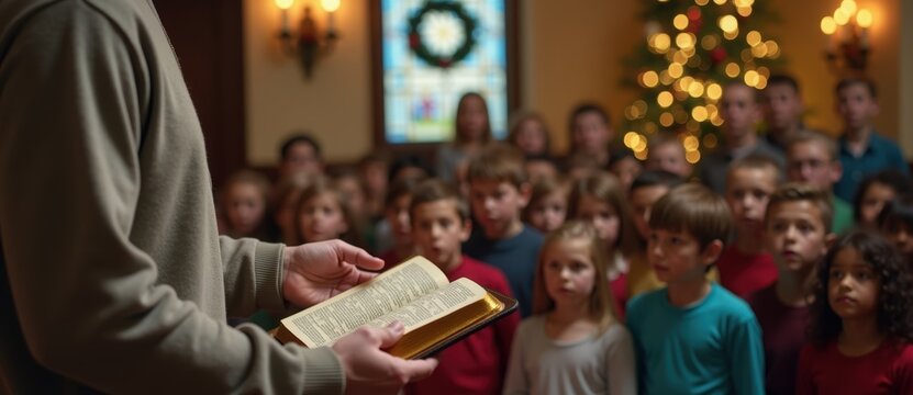 A teacher reading the bible to a group of children in church. Sunday school lesson during the Christmas holiday. Religious education and faith community