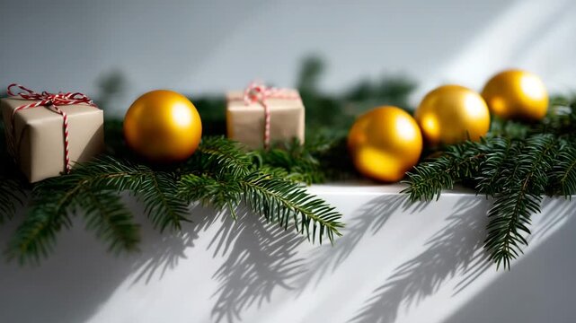 4K A clean, minimalistic Christmas flat-lay composition featuring a row of fresh green fir branches arranged along the top edge of the frame. Nestled between the branches
