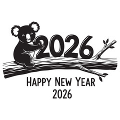 Cute Koala Bear Climbing 2027 Text, Happy New Year 2026 Black and White Vector Illustration with Typography