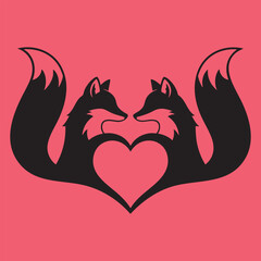 Two Cute Foxes Forming a Heart Shape Silhouette, Romantic Animal Couple Vector Illustration for Valentine's Day