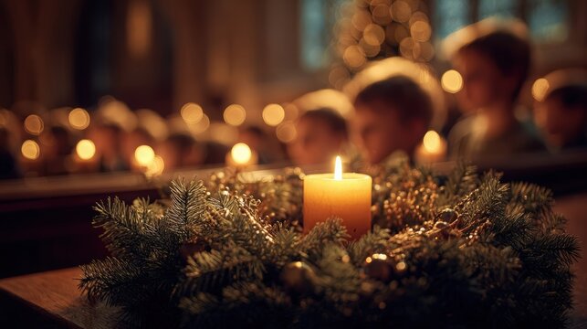 Close-up of a lit advent candle in a Christmas wreath during a church service. Festive holiday celebration with a congregation in the background. Faith and tradition concept