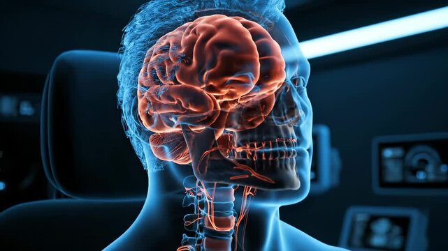 Medical anatomy visualization reveals organs. Transparent human torso shows chest heart and lung. Skull and brain appear in illuminated section. Holographic overlay supports diagnostic impression.