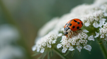 Fototapeta premium A close up of a ladybug with black spots on an orange shell sitting on a white flower head