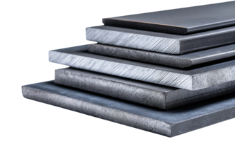 Stack of steel flat bars and sheet metal with brushed edges isolated on a transparent background industrial