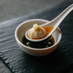 A Delicate Xiao Long Bao Soup Dumpling Poised on a Spoon Above Soy Sauce.