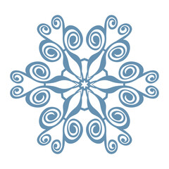 Blue template snowflake with shadow. Isolated snowflakes icon, round mandala. Winter Holiday cartoon flat illustration. Merry Christmas and New year Vector. Hand draw style.