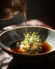 A Glistening Stream of Golden Sauce Pours Over Fresh Sprouts in Dramatic Light.