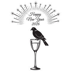 Happy New Year 2026 Celebration Vector Illustration with Dove Bird Perched on Wine Glass and Fireworks Typography