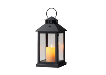 Black Metal Lantern with Glowing L E D Candle Inside isolated on a transparent background image
