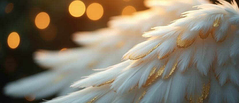 Macro detail of white angel wing feathers with gold glitter. Abstract festive background with warm bokeh lights. Spiritual and luxury concept - Powered by Adobe