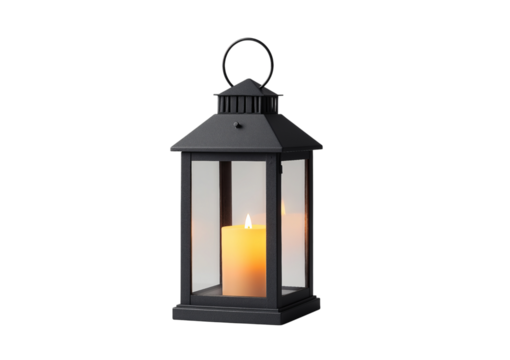 Black Metal Lantern with Glowing L E D Candle Inside isolated on a transparent background image