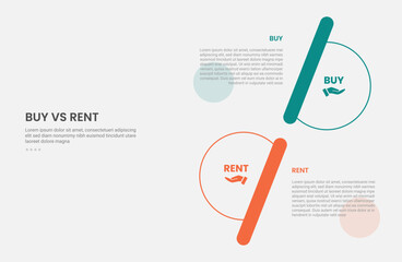 buy vs rent infographic outline style with 2 point comparison template with half circle vertical stack shape opposite direction for slide presentation