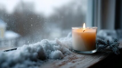 4K cozy winter scene captured from inside an old rustic wooden house, extremely detailed, soft cinematic lighting. a frosted window with four square glass panes, each