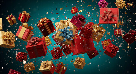 dynamic arrangement of floating red and golden gift boxes with ribbons and metallic confetti scatter on a deep turquoise background