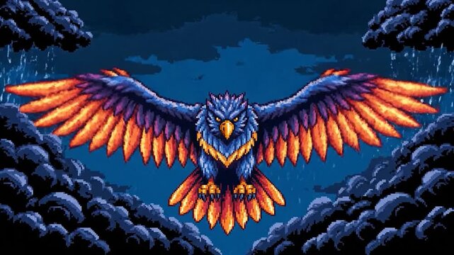 A pixelated eagle spreads its wings against a dark sky with lightning and storm clouds
