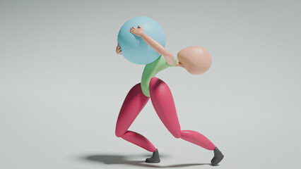 3D Rendered Image of Basic Posed Figure Carrying and Lifting a Heavy Sphere on Chest with Both Knees Slightly Bent, Expressing Effort, Burden, and Strength, Isolated on Solid Background, 3D Render