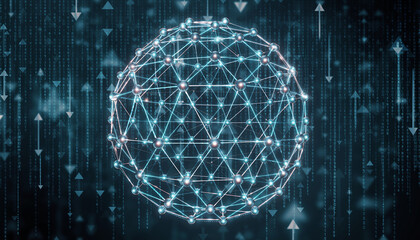 Digital Sphere of Connections: A mesmerizing representation of a digital sphere, interlaced with points and lines, against a backdrop of ascending arrows.