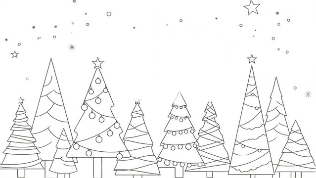 Whimsical black and white line art Christmas forest coloring page, stylized festive trees with ornaments, garlands, stars, and falling snow, simple outlines on white background, perfect for kids activ