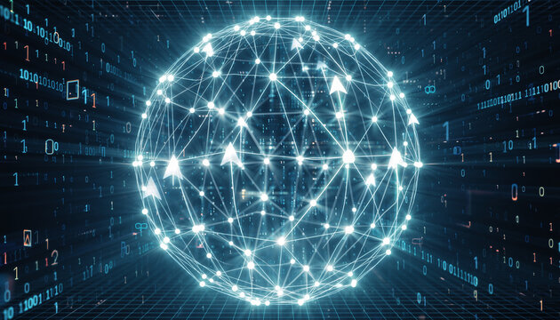 Digital Network Sphere: A luminous, interconnected network sphere floats amidst a matrix of binary code, signifying the complexities of global digital communication and technology.