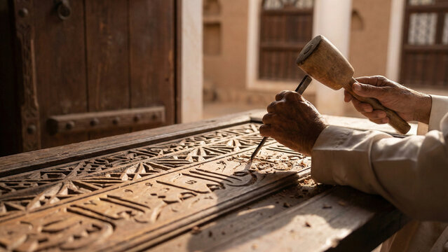 Close-up of artisan hands carving traditional Islamic patterns on wooden door panel using mallet and chisel