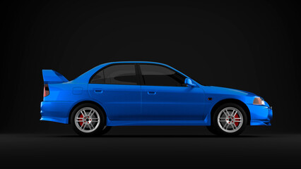 Blue sport tuned car on black background side view