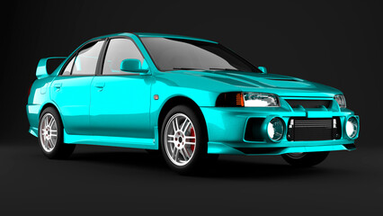 Cyan sport tuned car on black background front view