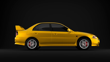 Yellow sport tuned car on black background side view