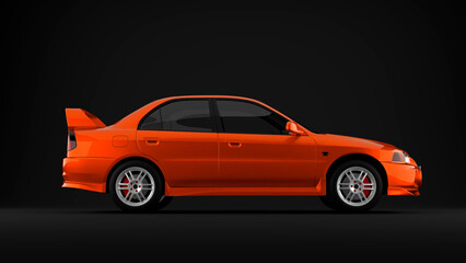 Orange sport tuned car on black background side view