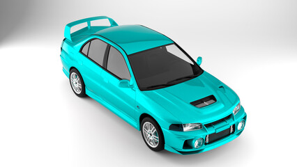 Cyan sport tuned car on white background top view