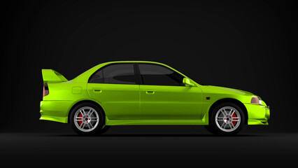 Green sport tuned car on black background side view