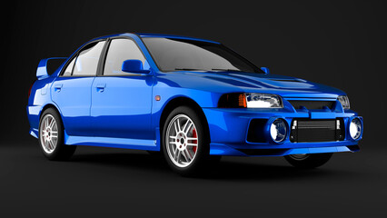 Blue sport tuned car on black background front view