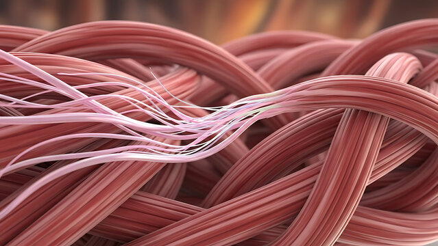Microscopic view of intertwined muscle fibers and connective tissue.