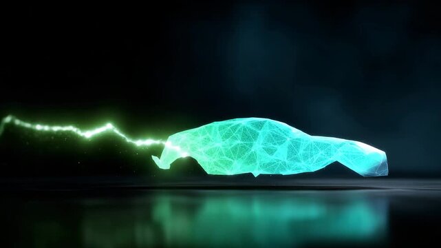 4K futuristic electric car icon formed from interconnected glowing polygonal lines, triangles, and digital particles, left side shaped as a bright green lightning