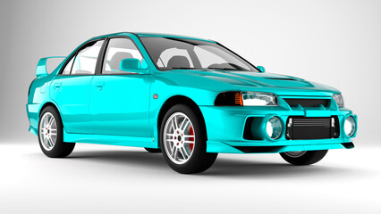 Cyan sport tuned car on white background front view