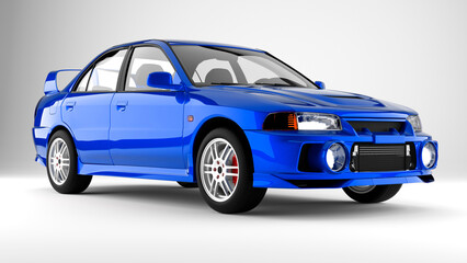 Blue sport tuned car on white background front view