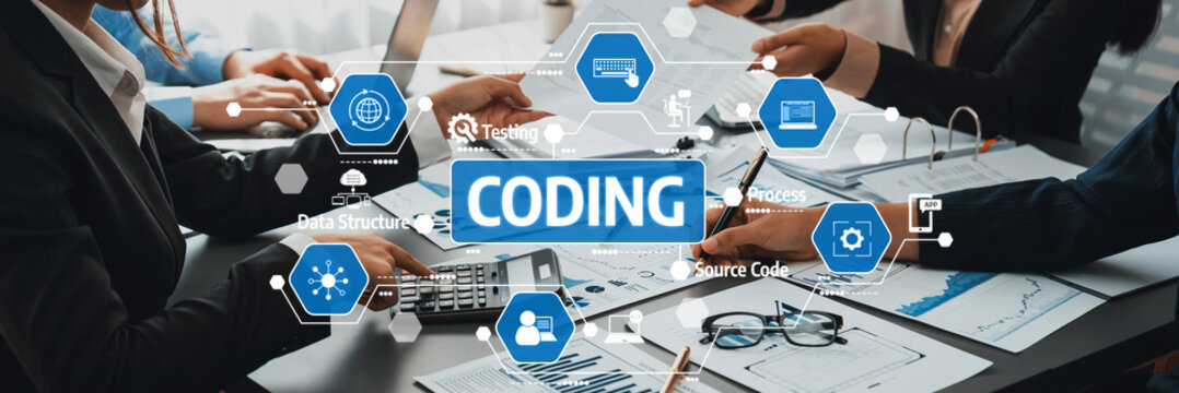 Engage in a coding session showcasing teamwork and technology as professionals analyze data structures and software testing in a modern office environment. Amity
