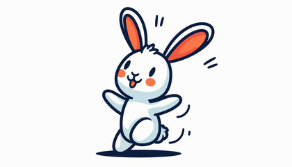 Obraz premium Cartoon illustration of a happy white rabbit with orange ears, running and smiling on a white background.