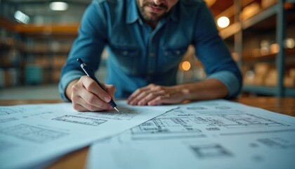 Pro engineer draws detailed plans with intense focus. Man works with complex blueprints. Marks technical designs with pen. Architect prepares industrial construction layout drawing in factory