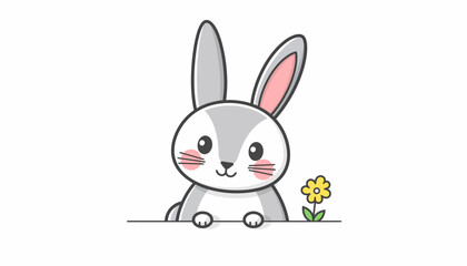 Fototapeta premium A cute cartoon illustration of a gray bunny peeking over a white surface with a small yellow flower beside it.