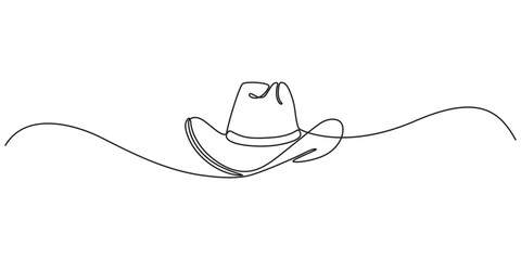 One line art cowboy hat - Minimalist continuous line drawing of western style hat vector illustration, Continuous one line drawing of men hat, Single line drawing of cowboy hat, Vector continuous one 