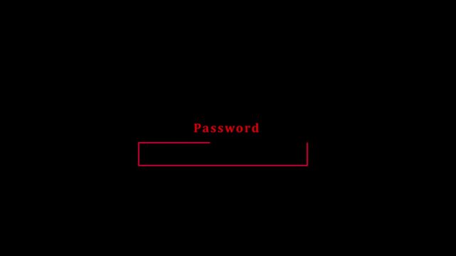 Minimalist password input form with a white field and a login button appears on a black background. The camera slightly pans around the floating elements in 3D space.