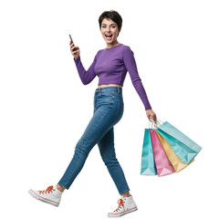 Excited Young Woman Walking and Holding Shopping Bags and Smartphone.