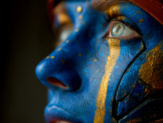 Close up portrait of blue painted female face with details 
