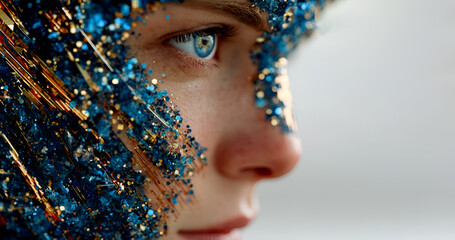 Close up of female face with blue and gold glitter