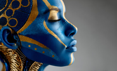 Close up portrait of blue painted female face with details 