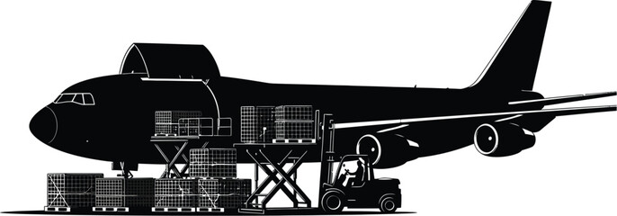 Silhouette of a cargo airplane loading
