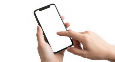 Close up of a person s hands holding and touching a modern smartphone with a blank white screen isolated on transparent background