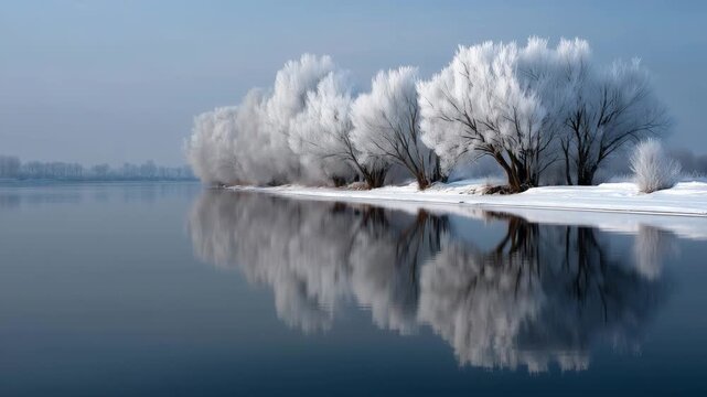 4K serene winter landscape featuring a perfectly still lake reflecting a row of frost-covered trees. Each tree is coated in thick, white rime frost, creating soft, feathery branches